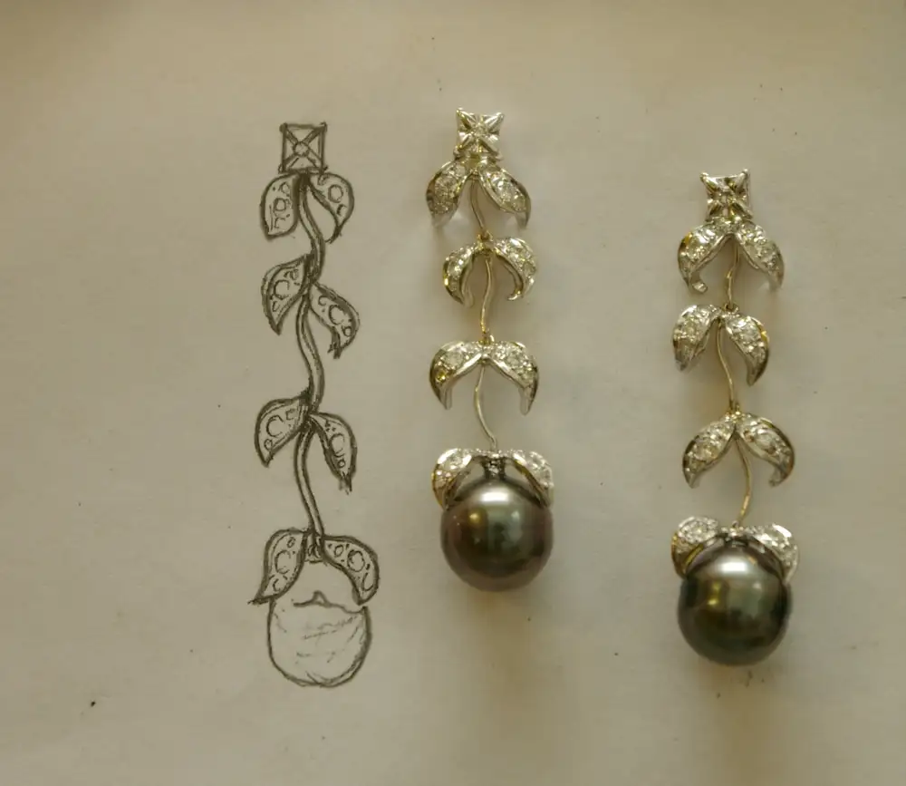 After dismantling the old ring top and redesigning for a new earring, adding matching Tahitian pearls